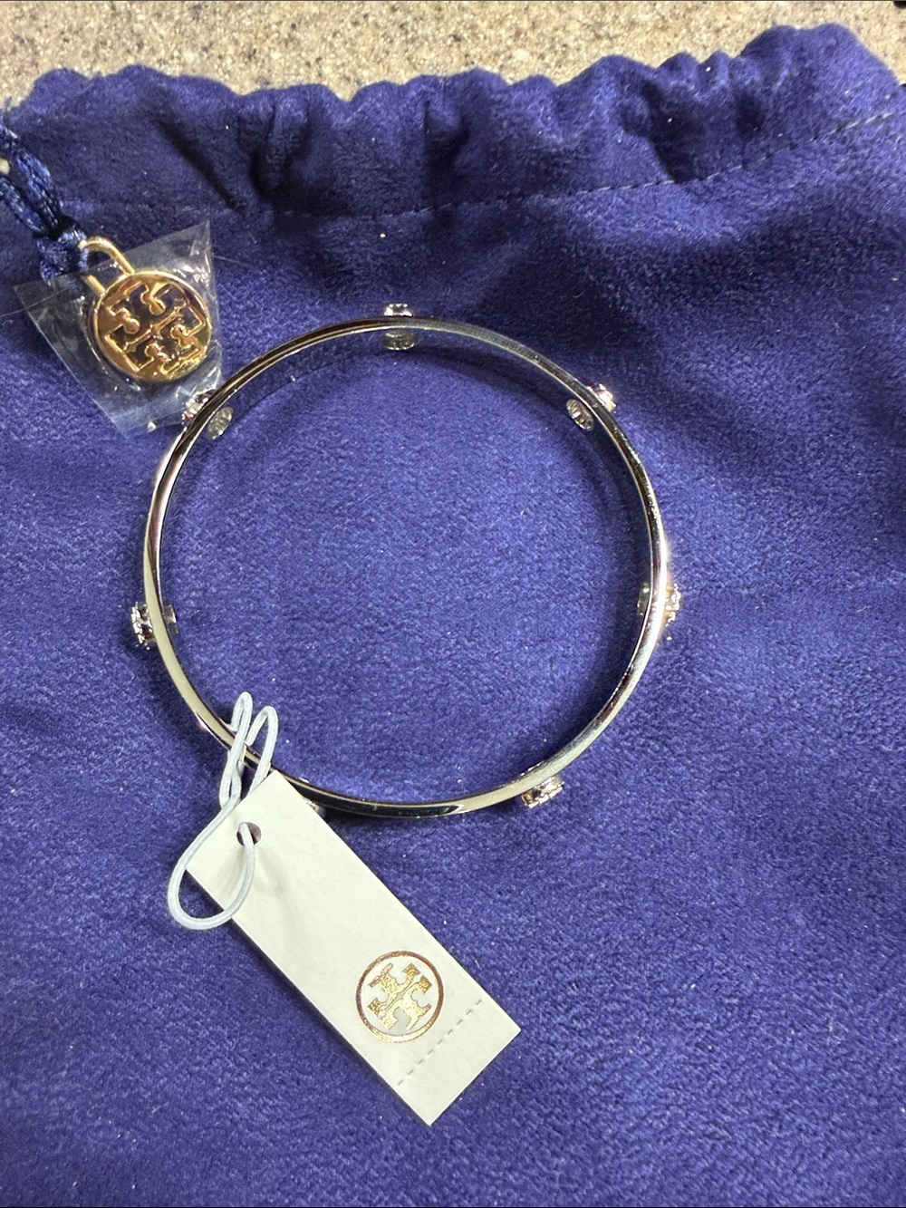 NWT Tory Burch Silver Logo Stud Bangle Bracelet